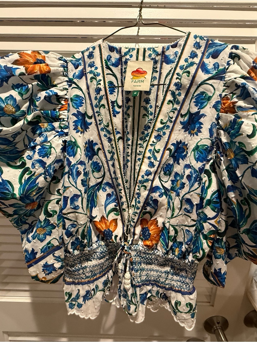 FARM Rio White Floral Embroidered Puff Sleeve Drawstring Top